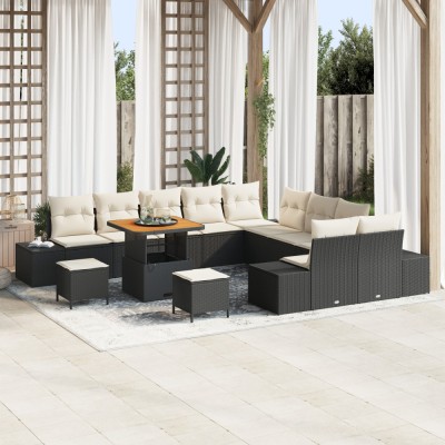 Set de sofa de gradina Gossi cu 13 piese si perne negre din poliratan acacia, sofa de gradina Gossi cu 2 locuri si perne negre din poliratan, set de d foto