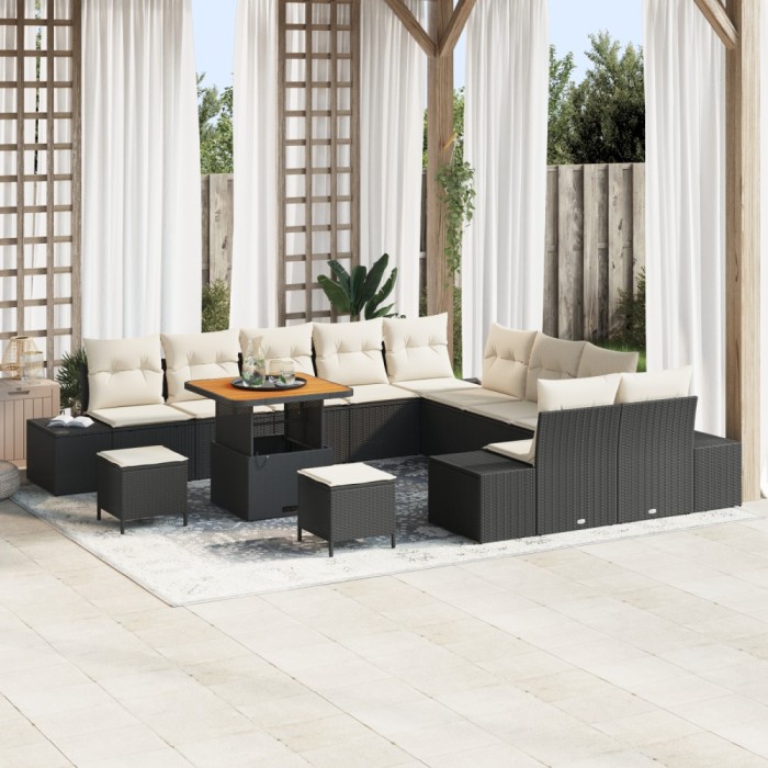 Set de sofa de gradina Gossi cu 13 piese si perne negre din poliratan acacia, sofa de gradina Gossi cu 2 locuri si perne negre din poliratan, set de d