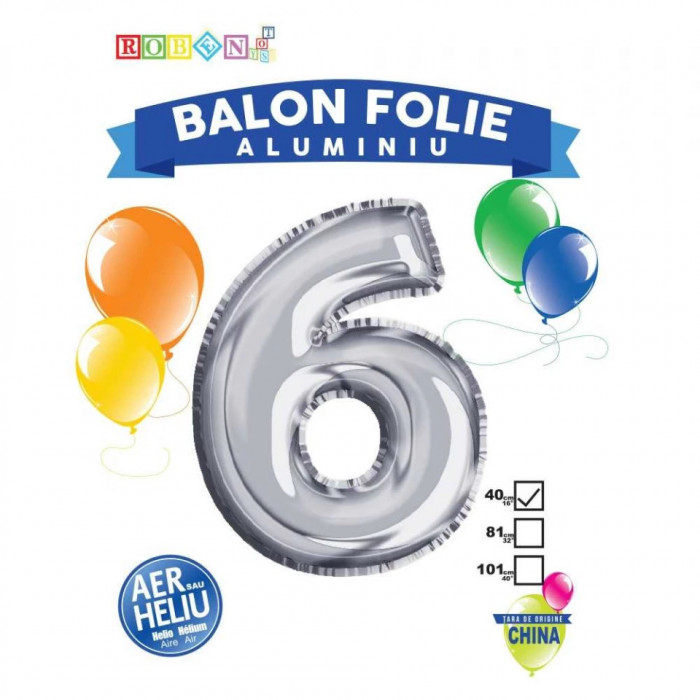 Balon, folie aluminiu, argintiu, cifra 6, 40 cm
