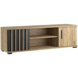 Comoda TV moderna 140x37 cm cu 2 usi si rafturi, finisaj craft cu negru Household NewTrend