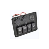 Panou Comutatoare Auto cu 4 Butoane, Priza, Voltmetru &amp; USB 4.8A, 13.5x11cm