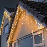Instalatie craciun tip franjuri/turturi, 8 jocuri de lumini, interconectabila, 4 m, 120 led-uri, prelungitor 1.5 m, fir transparent, alb cald, Oem
