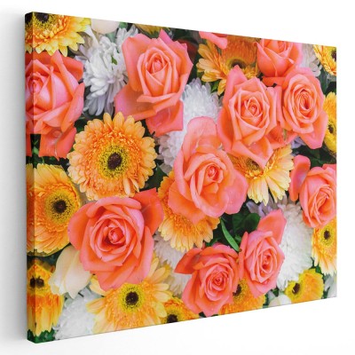 Tablou flori trandafiri roz crizanteme Tablou canvas pe panza CU RAMA 20x30 cm foto