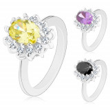 Inel de culoare argintie, floare strălucitoare cu centrul oval, colorat - Marime inel: 50, Culoare: Galben