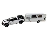 Macheta Ford Ram alb Pickup cu Rulota Camping 1:32 metal lumini si sunete deschide usile