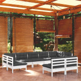 VidaXL Set mobilier grădină cu perne, 9 piese, alb, lemn masiv pin