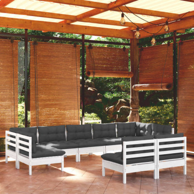 vidaXL Set mobilier grădină cu perne, 9 piese, alb, lemn masiv pin foto