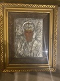 Icoană veche, alpaca cu ramă dublă, 14x19 cm Sf&acirc;ntul Ierarh Nicolae