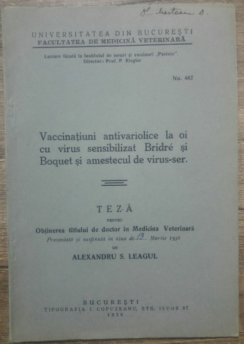 Vaccinatiuni antivariolice la oi cu virus sensibilizat Bridre/ 1936