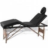 Masă de masaj pliabilă neagră, 4 zone, cu cadru din lemn