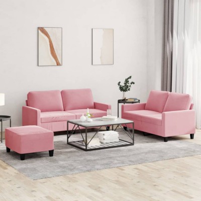 vidaXL Set de canapele cu perne, 3 piese, roz, catifea foto