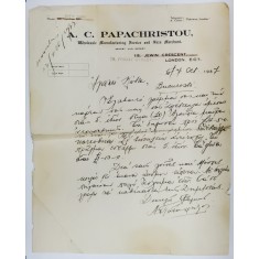 SCRISOARE COMERCIALA EXPEDIATA DE A.C. PAPACHRISTOU , NEGUSTOR LONDONEZ DE BLANURI , UNUI CLIENT BUCURESTEAN , 7 OCT.. 1937