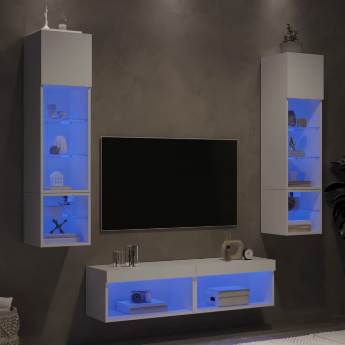 Unitati de perete TV cu LED-uri, 6 piese, alb, lemn prelucrat GartenMobel Dekor