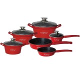 Set 6 cratite cu capac Cheffinger, acoperire marmura, anti zgarietura, 1.6L-2L-3.5L-5.7L, Rosu