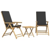 Set de bistro pliabil, 3 piese, cu perne gri inchis, bambus