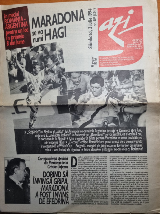 ziarul azi 2 iulie 1994-meciul romania argentina,hagi maradona