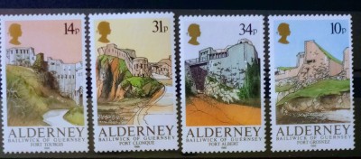 Alderney 1986 arhitectura,fortărețe. Cetăți serie 4v nestampilata foto