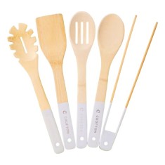 Set 5 ustensile de bucătărie Crofton, bambus, natur, albastru