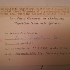 1984 Invitatie Ambasada RDG Bucuresti + plic comunism Horst Vahsholz Dieter Hade