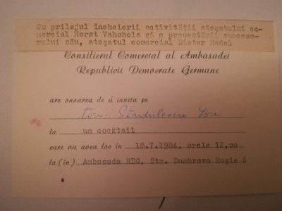 1984 Invitatie Ambasada RDG Bucuresti + plic comunism Horst Vahsholz Dieter Hade foto