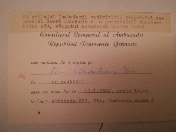 1984 Invitatie Ambasada RDG Bucuresti + plic comunism Horst Vahsholz Dieter Hade