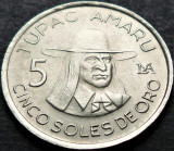 Moneda exotica 5 SOLES DE ORO - PERU, anul 1977 * Cod 4452, America Centrala si de Sud