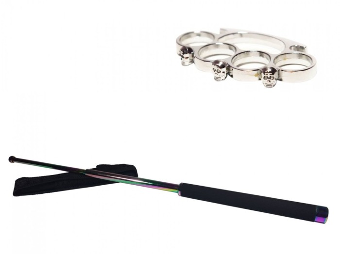 Set baston telescopic 66 cm si box craniu argintiu