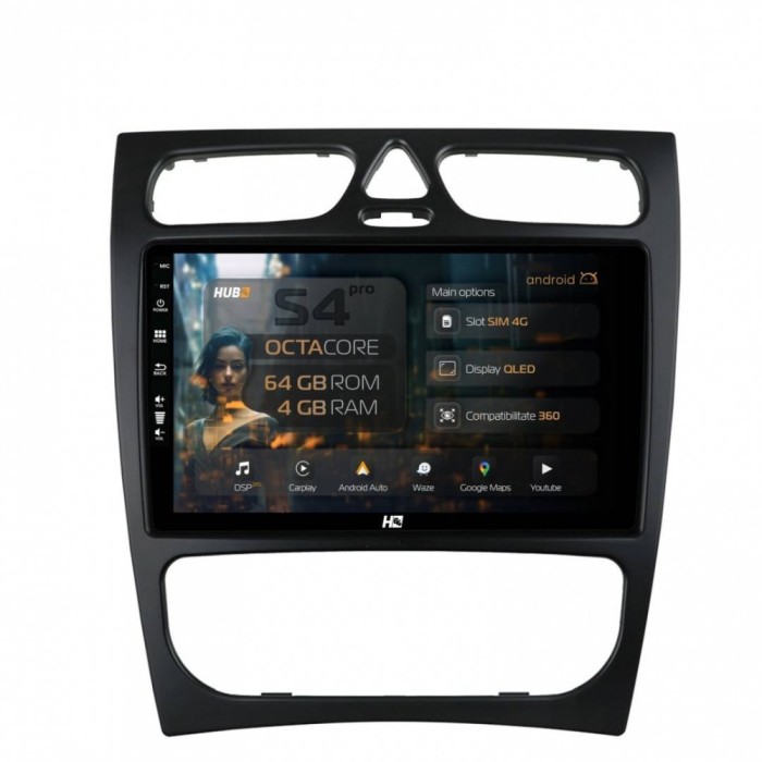 Navigatie Mercedes Benz C-Class W203 (2000-2005) 4GB RAM Android 13 Octacore Slot Sim 4G DSP GPS Wi-FI Carplay Android Auto USB Bluetooth Waze Touchsc