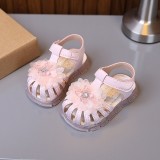 Sandale roz elegante fetite &ndash; cu flori 3D si talpa flexibila (Marime