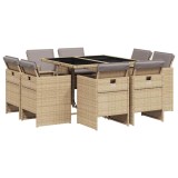 Cumpara ieftin Set de masa pentru gradina, 9 piese, cu perne, bej, poliratan