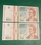 2 bancnote 1000 lei mai 1993 serie consecutive necirculate