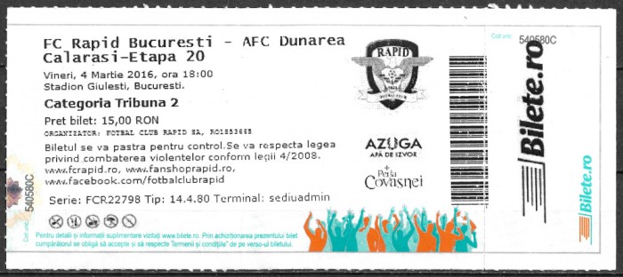 ROM&Acirc;NIA 2016 - BILET MECI DE FOTBAL - LIGA 2 - FC RAPID BUCUREȘTI - AFC DUNĂREA CĂLĂRAȘI - 04.03.2016 (C5)