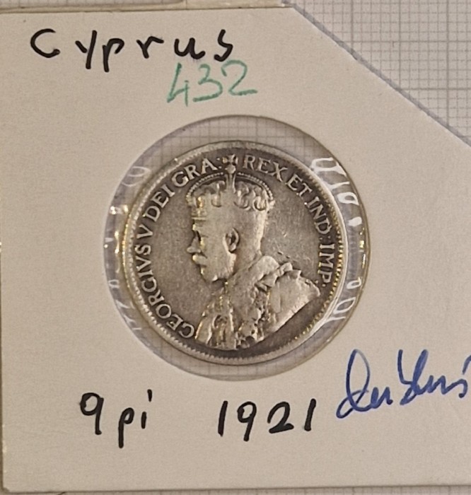 432 Cyprus, Cipru 9 Piastres - George V 1921, KM#13, argint