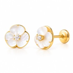 Cercei Copii din Aur 14K, model Floare Sidef Perla si piatra CZ alba, inchidere cu Filet si Protectie