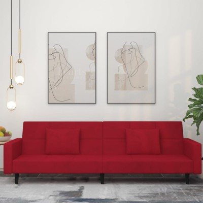vidaXL Canapea extensibilă cu 2 locuri, 2 perne, roșu vin, catifea 375820 foto