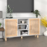Servantă, alb, 105x30x60 cm, lemn masiv pin și ratan natural