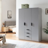 Dulap de haine gri cu 3 usi, 3 sertare si bare pentru umerase 176x120x52 cm