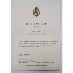 INVITATIE LA RECEPTIE DIN PARTEA CASEI REGALE SPANIOLE , PENTRU INSARCINATUL CU AFACERI AL AMBASADEI ROMANE , MADRID , 24 IUNIE 1978