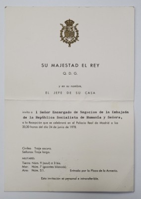 INVITATIE LA RECEPTIE DIN PARTEA CASEI REGALE SPANIOLE , PENTRU INSARCINATUL CU AFACERI AL AMBASADEI ROMANE , MADRID , 24 IUNIE 1978 foto