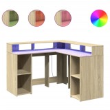 Cumpara ieftin Birou cu lumini LED stejar sonoma 130x130x91 cm, lemn prelucrat