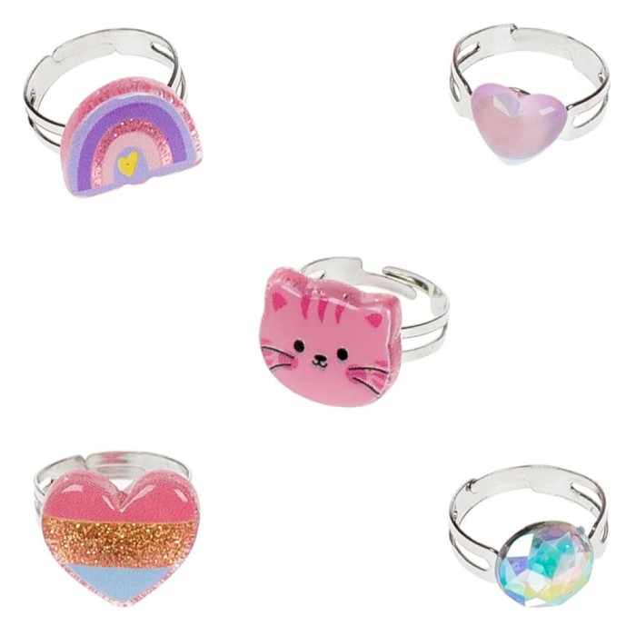 Set Inele Copii, Modele Pisicuță și Inimă, Multicolor, Reglabile, 5 Bucăți