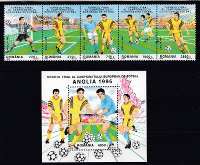 ROMANIA 1996 LP 1409 a LP 1410 TURNEUL FINAL AL CAMPIONATULUI EUROPEAN FOTBAL ANGLIA SERIA IN STRAIF SI COLITA STARE MNH foto