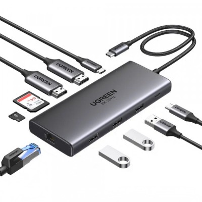 Hub USB-C UGREEN Revodok Pro 210 CM639, 1 x USB-A 3.0 - 2 x USB-A - 2 x USB-C - 2 x HDMI - 1 x RJ45 - 1 x SD - 1 x microSD, Gri foto