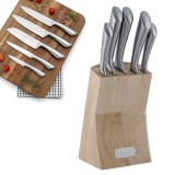 Cumpara ieftin Set Cuțite pentru Bucătărie Koken, 6 Piese din Oțel Inoxidabil cu Suport din lemn, lama ultra-ascutita, 56-58 HRC cu M&acirc;nere Ergonomice, rezistente la