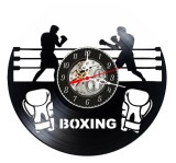 Ceas de perete decorativ realizat din disc de vinil, Model Boxeri in Ring si Manusi de Box, Text Boxing, Negru, 30 cm