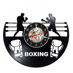 Ceas de perete decorativ realizat din disc de vinil, Model Boxeri in Ring si Manusi de Box, Text Boxing, Negru, 30 cm