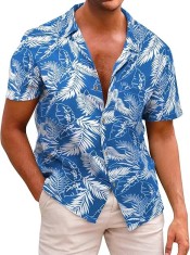 Camasa hawaiana cu maneca scurta pentru barbati Beotyshow, albastru alb, 3XL - OUTLET