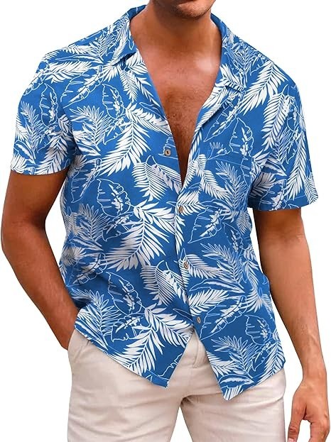 Camasa hawaiana cu maneca scurta pentru barbati Beotyshow, albastru alb, 3XL - OUTLET