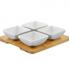 Set boluri aperitive 5 piese Square Natural, Ambition, 25x25 cm, portelan/bambus, alb