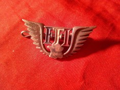Insigna ww2 Franta Libera FFI cu harta si aripi , metal si email , Dim. =4x2cm , semnat verso A.Bertrand